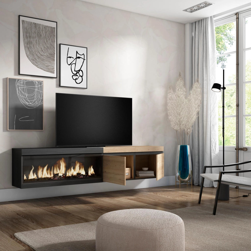 Mobile TV Soggiorno, 208x35x45cm, Per TV fino a 80", Camino elettrico XXL, da appendere, colore Rovere e nero RF3270
