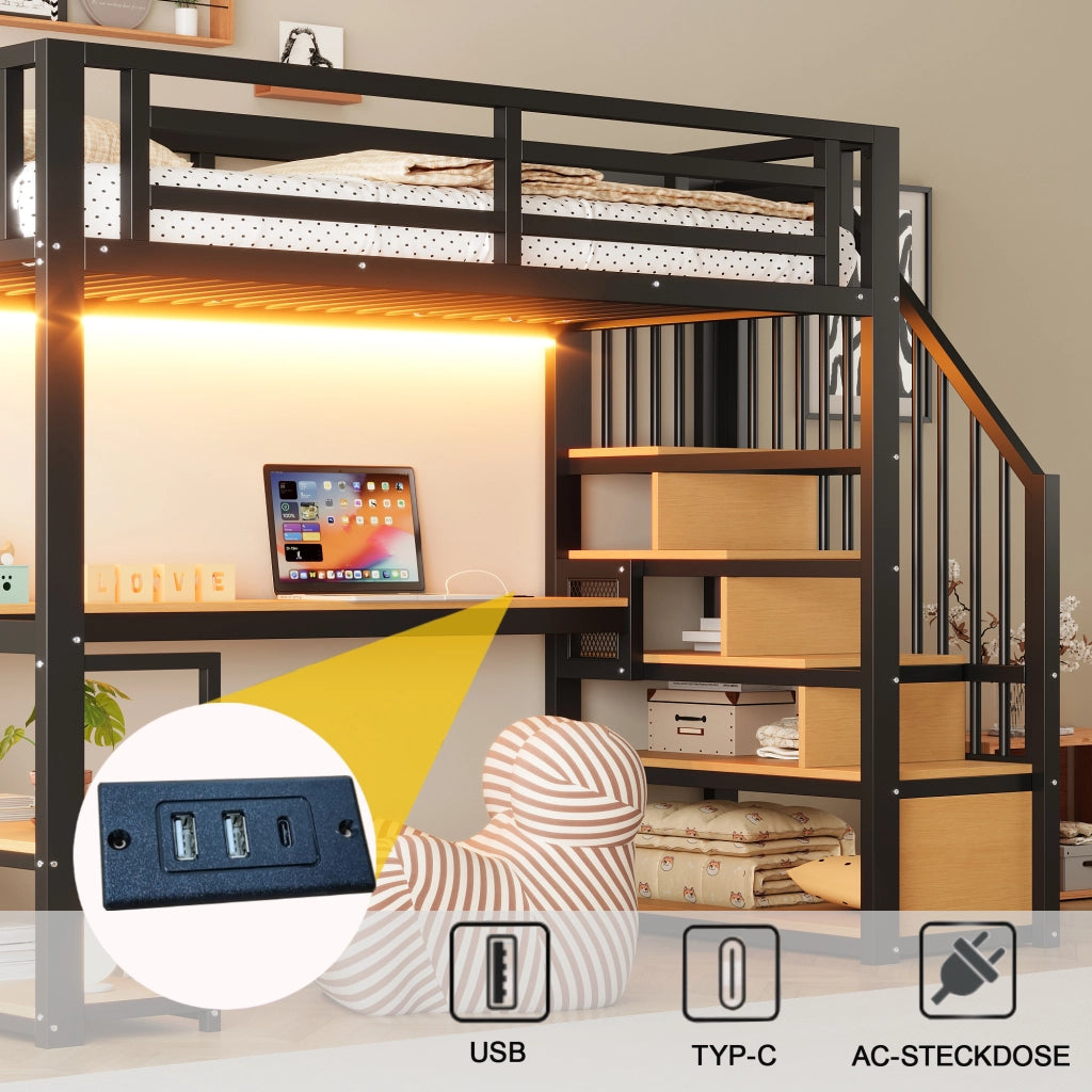 LETTO a soppalco 90x200 cm con scrivania e scaffali Metallo Nero