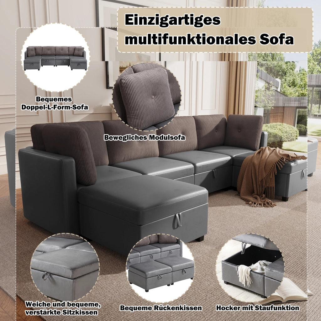 Divano modulare a U 6 moduli con contenitore e cuscini; velluto e cord; grigio antico