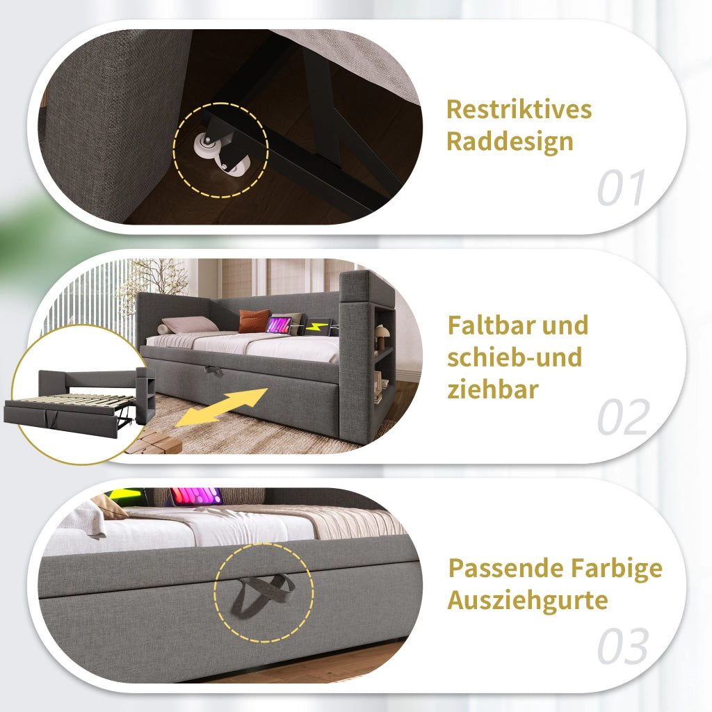 LETTO Divano 90x190 cm con letto estraibile USB Type-C tessuto grigio