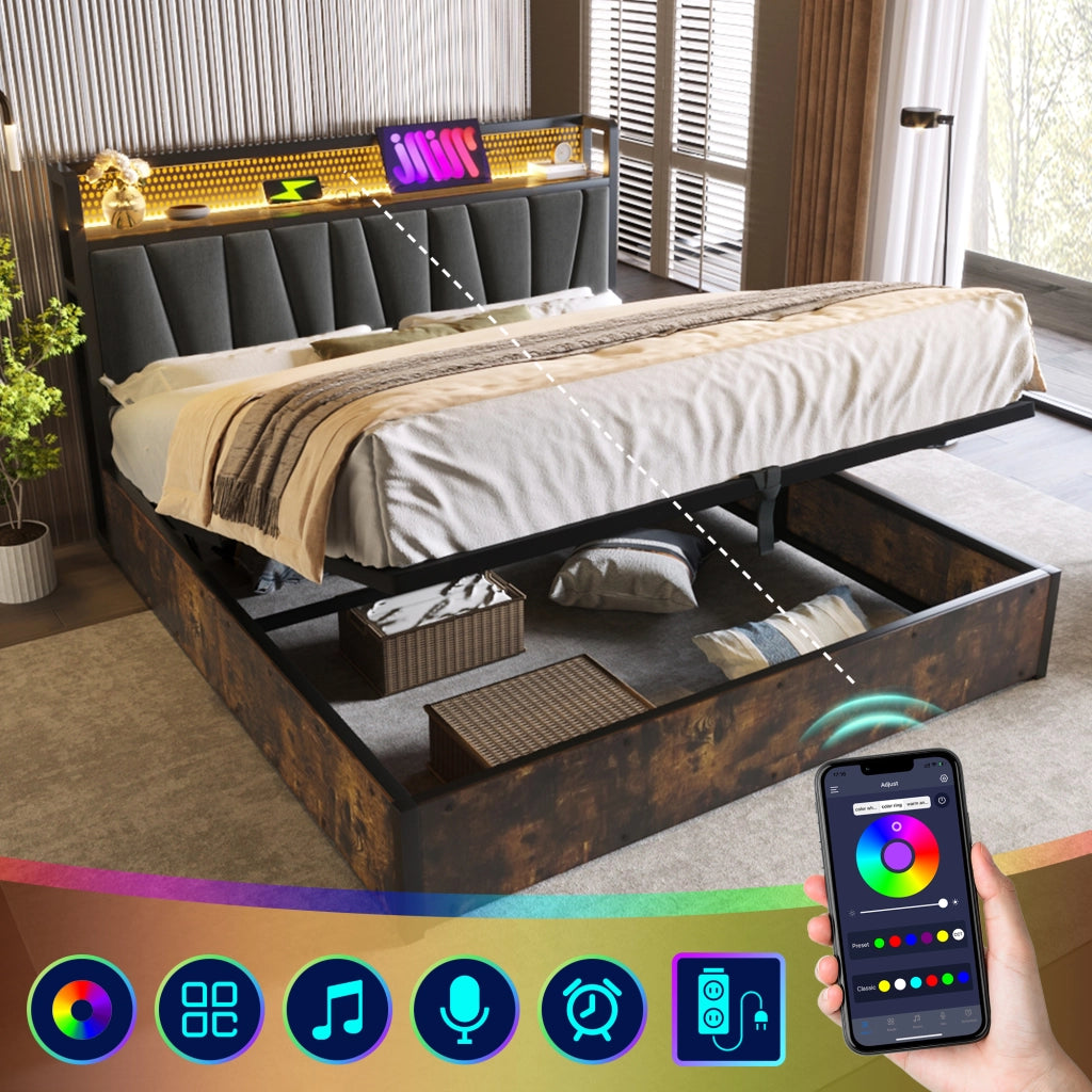 LETTO matrimoniale 180x200 cm in lino grigio con LED App-Control, USB e prese
