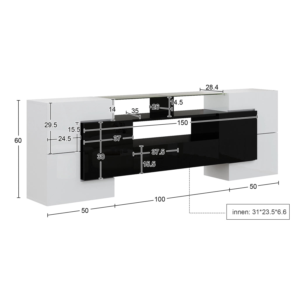 Mobile TV elegante - Zephmum - 200 cm - Bianco lucido e nero - LED