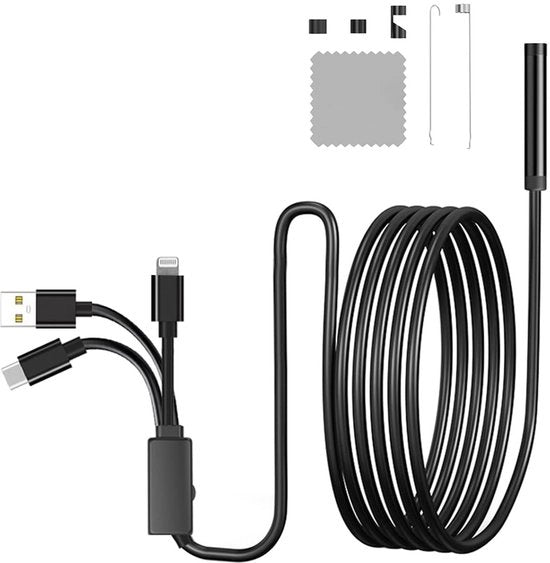 Camera di Inspezione 3-in-1 - Endoscoop - Sonda Flessibile - Cavo di 5 Metri - 200 Pixel - Compatibile con iOS/Android - Endoscoop