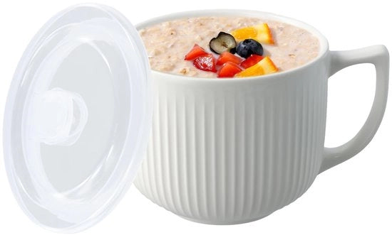 Ciotola per Zuppa Magnetron Keramica - 900 ml - Ciotola per Zuppa con Coperchio - Manico - Resiste al Lavastoviglie - Bianca