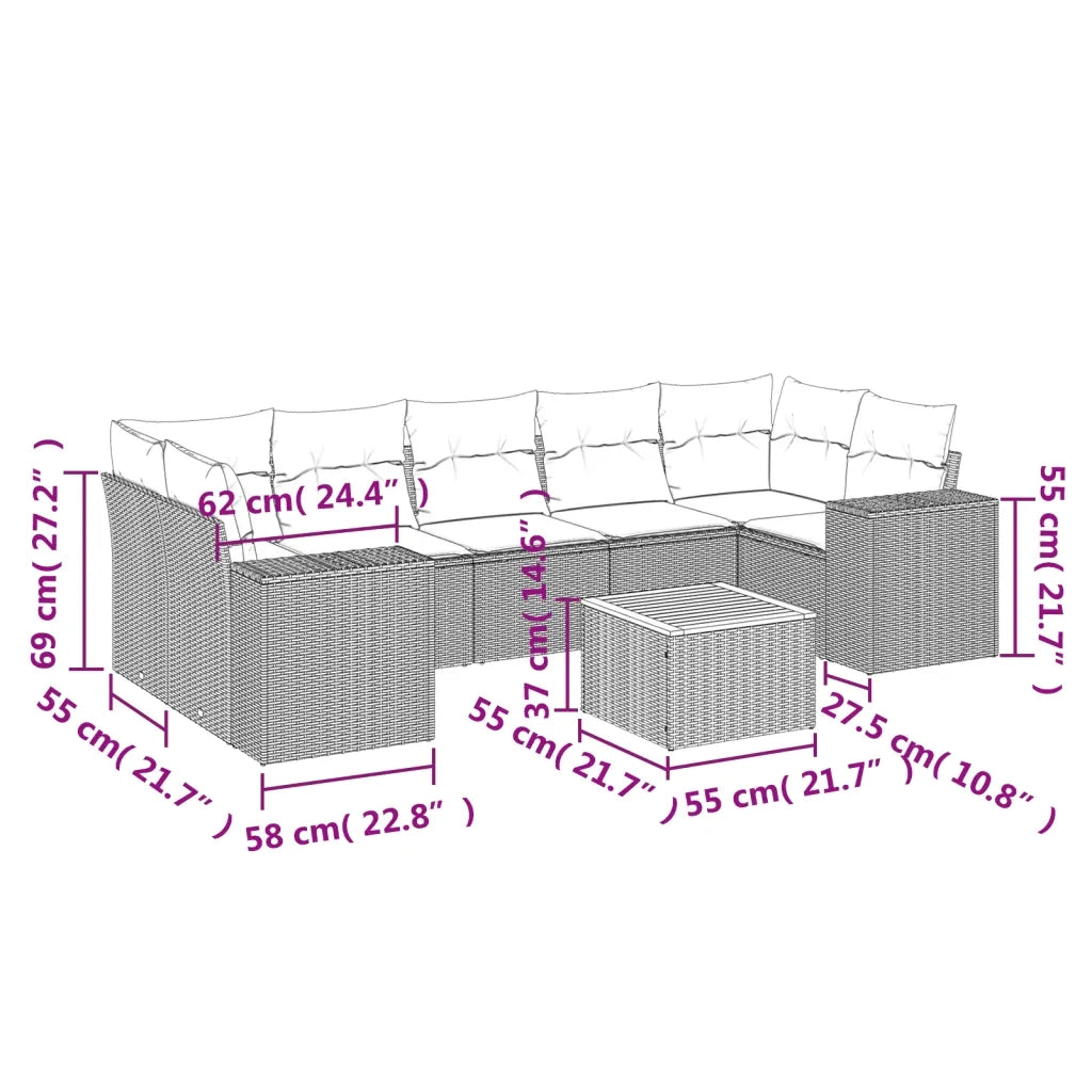 Set Divano da Giardino 8 pz con Cuscini Beige in Polyrattan