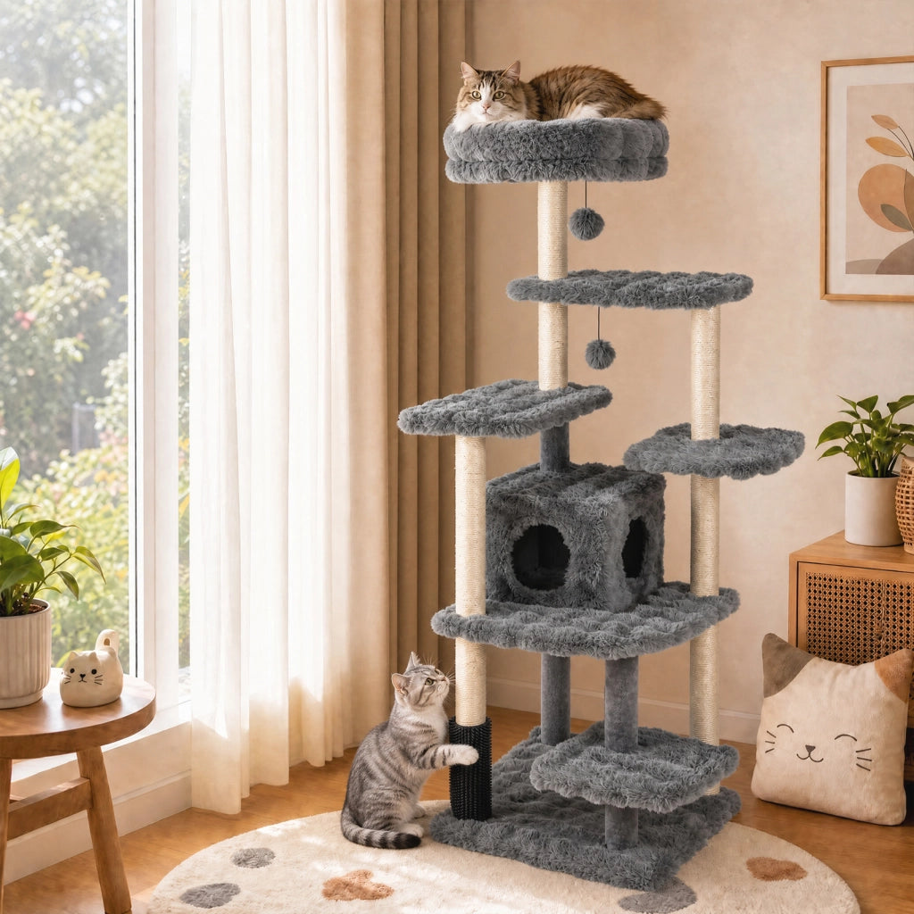 Albero per gatti da interno 4 piattaforme di salto cuccia palo avvolto in sisal e base ampia, Tiragraffi per gatti con posatoio per gattini Grigio