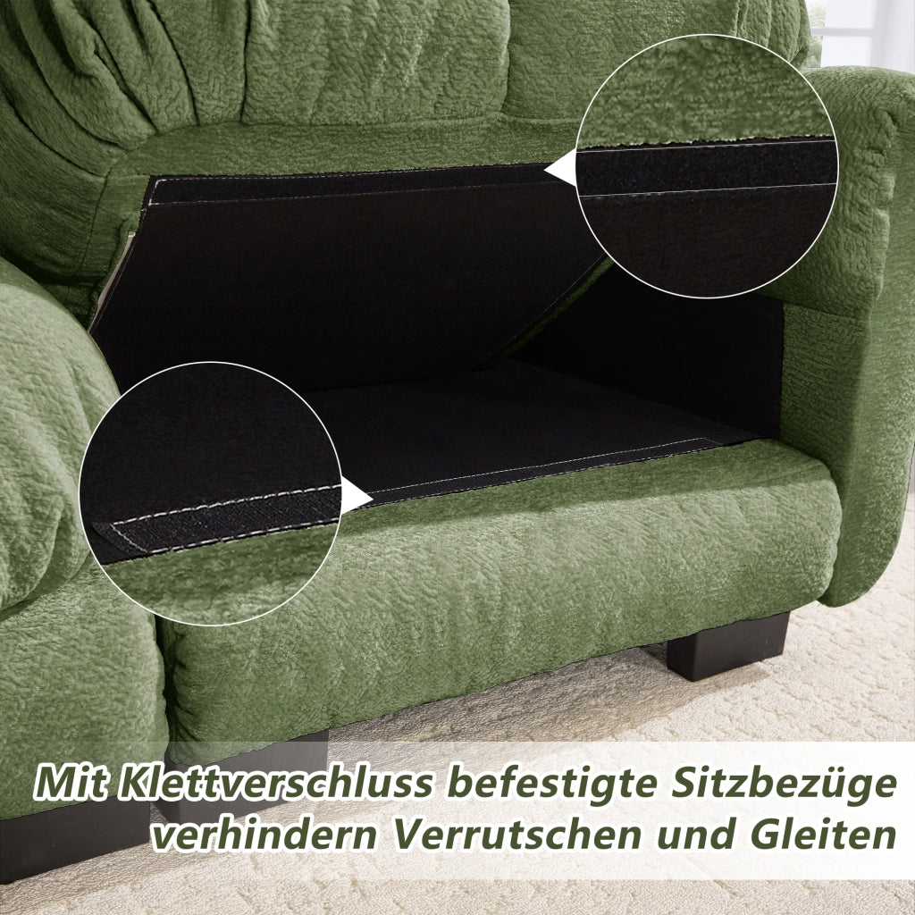 Divano ad angolo convertibile 4 posti con pouf mobile, in ciniglia, Verde