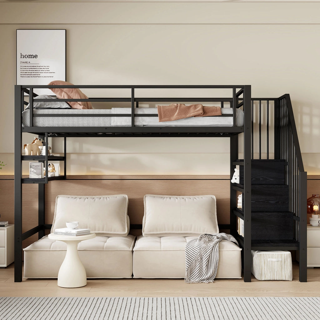 LETTO A SOPPALCO 90x200 cm con ripiani e scala contenitore, nero