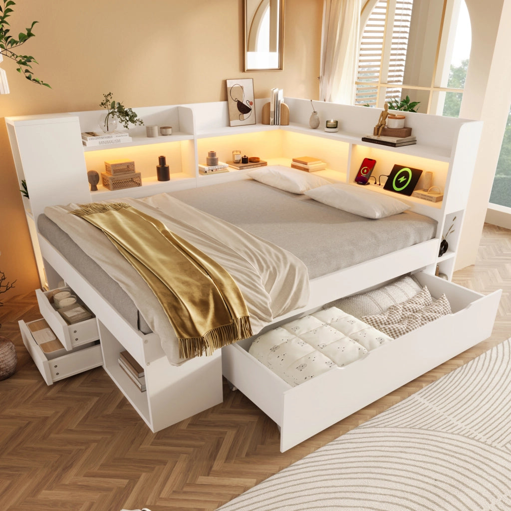 Letto a giorno 140x200 cm con LED; USB e Type-C; bianco; con ripiani e cassetti