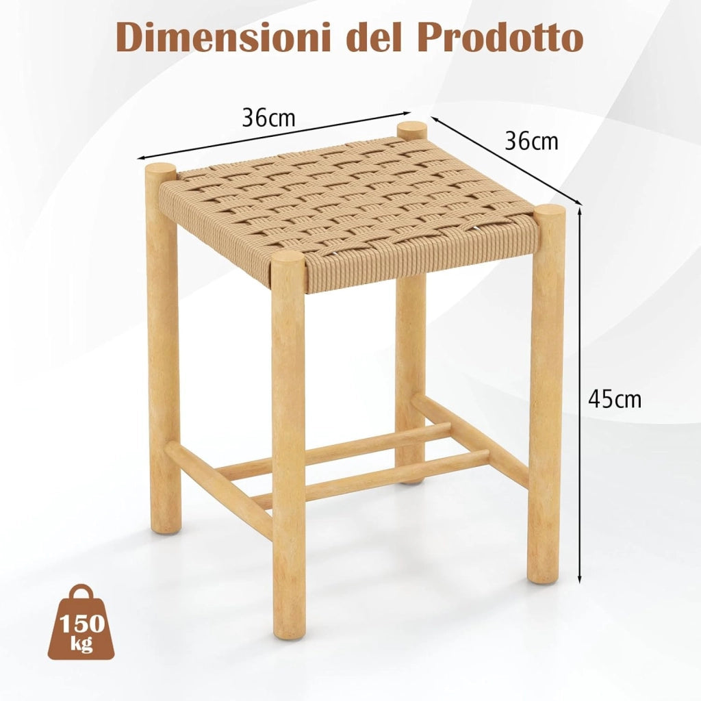 Set di 2 Sgabelli Intrecciata in Carta, Sgaballi Poggipiedi in Legno, Fino a 150 kg, 36 x 36 x 45 cm