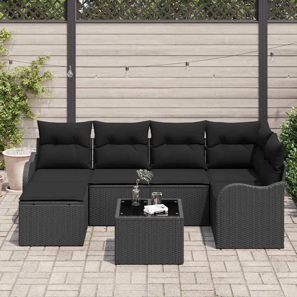 Set Divano da Giardino con cuscino 7 pcs Nero Poly Rattan
