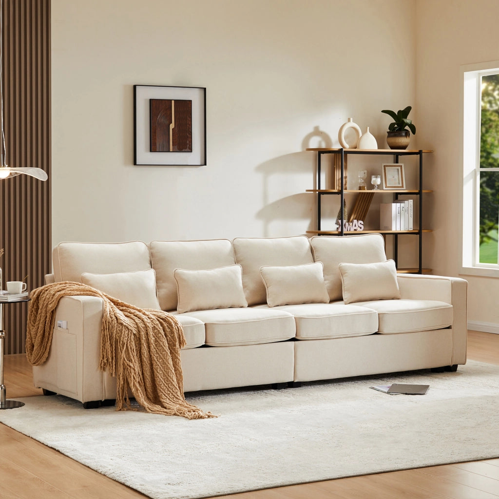 Sofa 4 posti moderno in lino - Zephmum- Con tasche braccioli e 4 cuscini