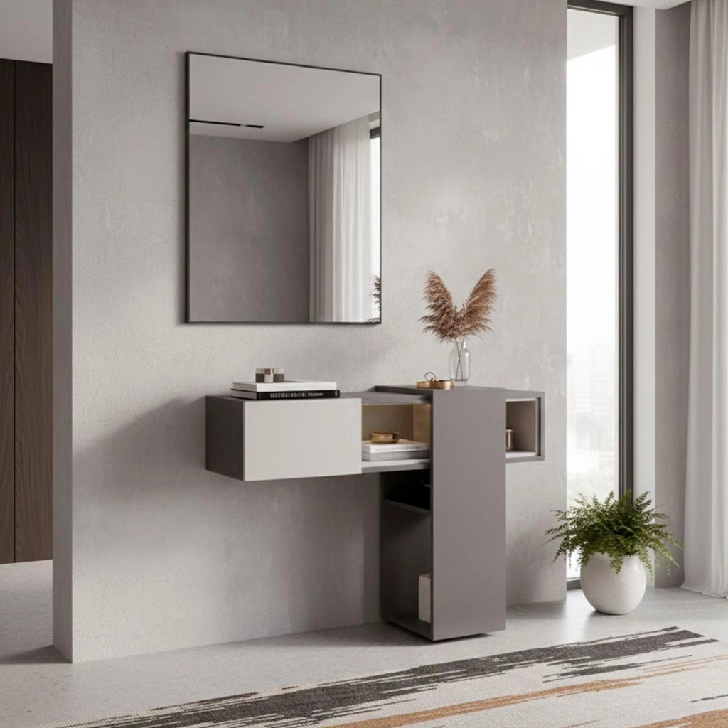 Mobile Da Ingresso Con Ripiani Scorrevoli Mensola Sospesa E Specchio Per Arredo Sala 100 X 31.5 X 75 Cm Grigio Scuro E Grigio Chiaro