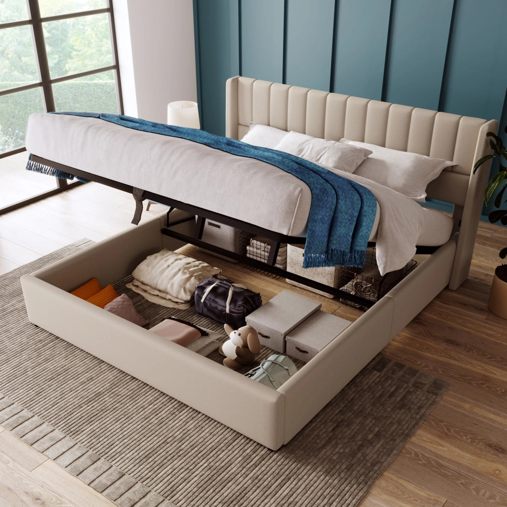 LETTO Contenitore idraulico 160x200 cm in lino Beige