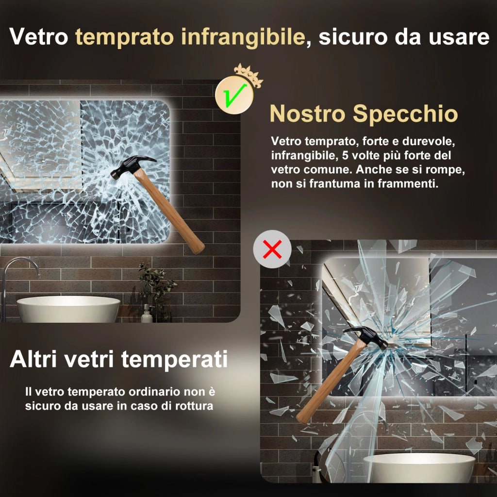specchio 100 x 60 cm rettangolare con luce led e touch