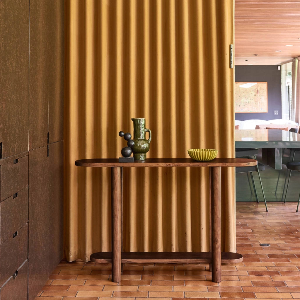 Consolle ovale in legno di acacia a 2 livelli, noce