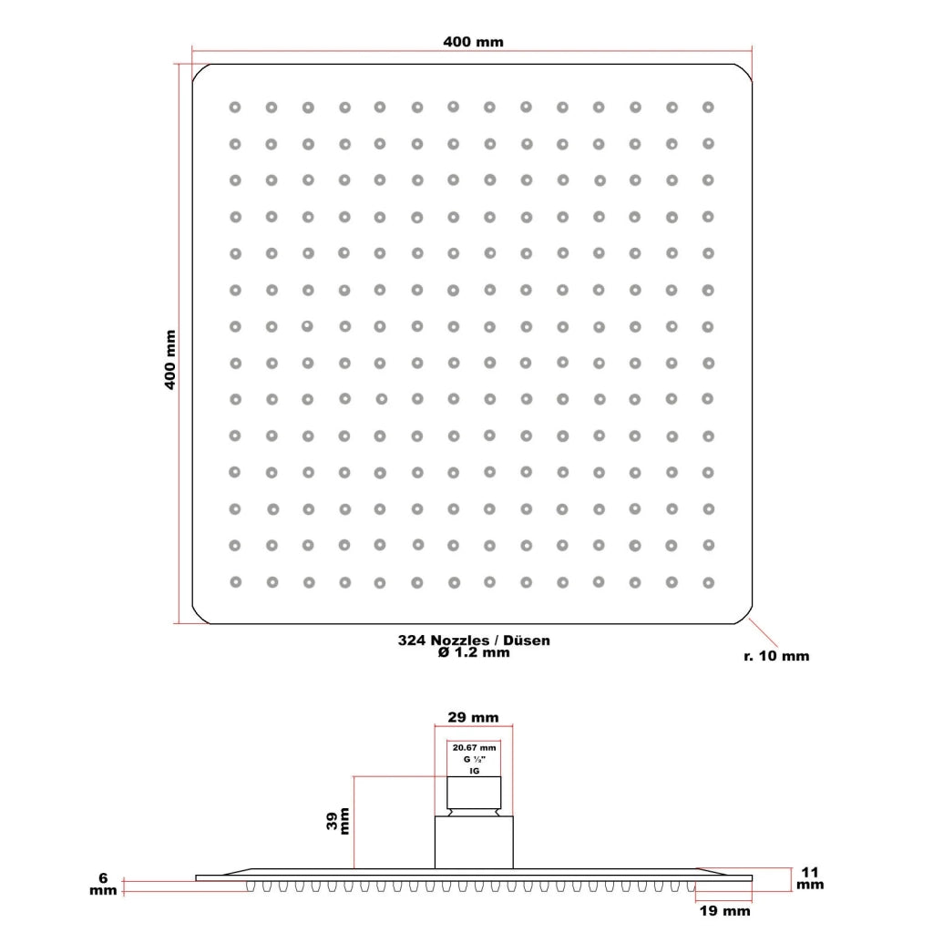 Soffione doccia quadrato con getto a pioggia 40 x 40 cm acciaio inox 16_0000627