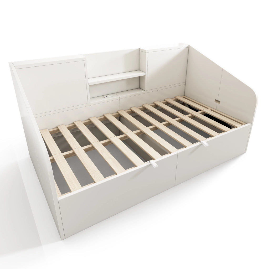 Letto 90x190 cm con contenitore idraulico e stazione di ricarica in legno bianco