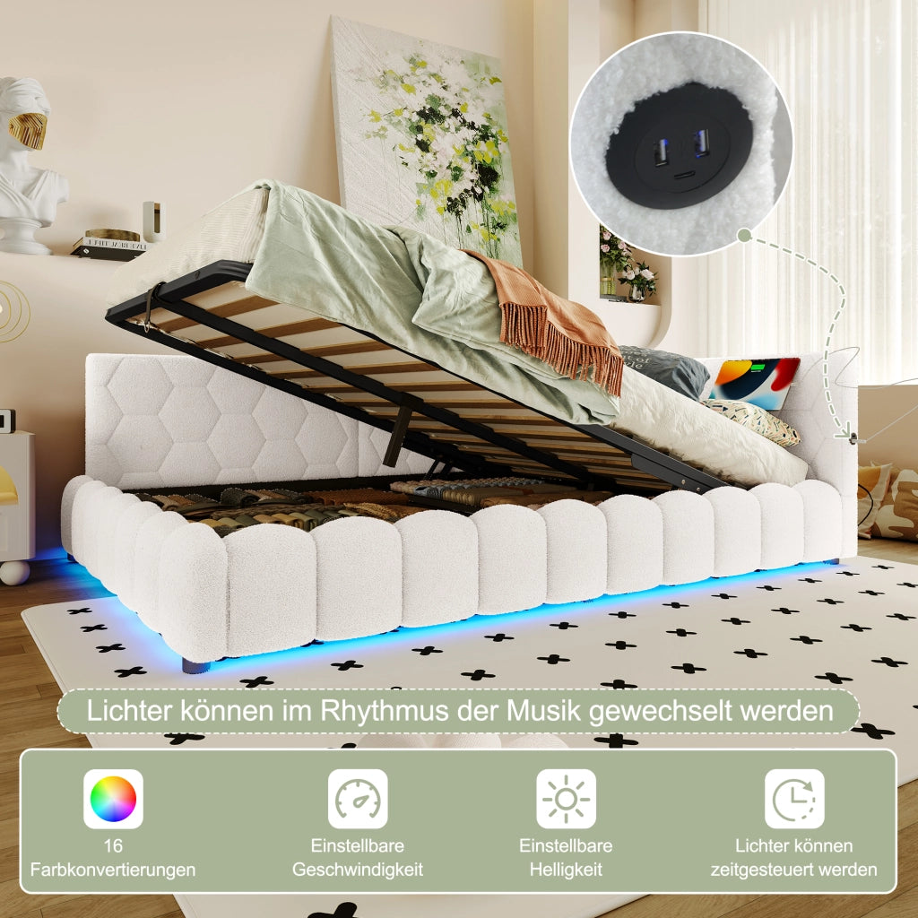 LETTO Contenitore 140x200 cm in velluto bianco con LED, USB e Tipo-C