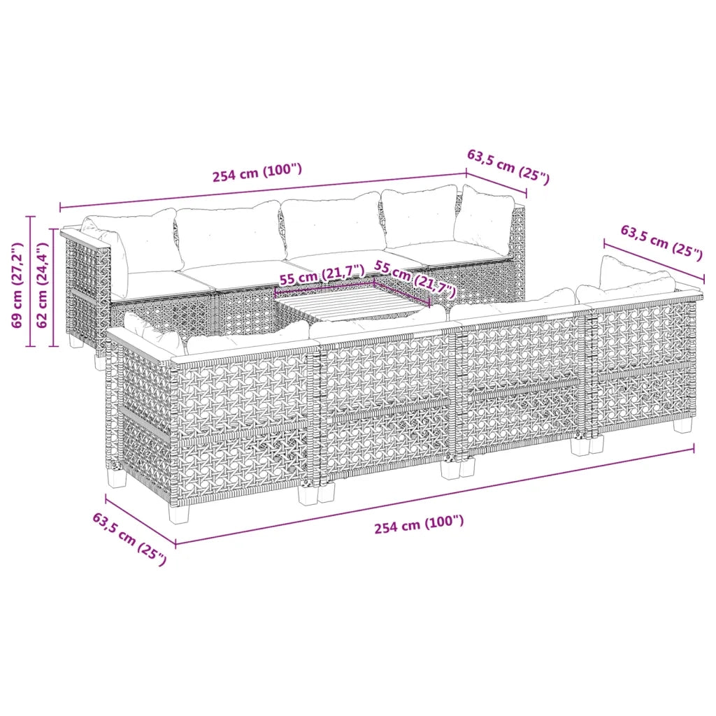 Set Divano da Giardino 9 pz con Cuscini Grigio in Polyrattan 3261771