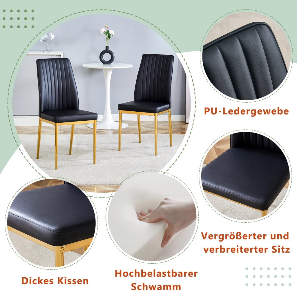 Sedia da pranzo Set di 4 con schienale ergonomico, in PU e metallo, Nero e Oro