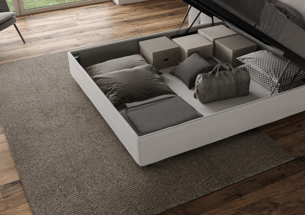 BS COM Letto matrimoniale francese contenitore imbottito 140x200 similpelle bianco