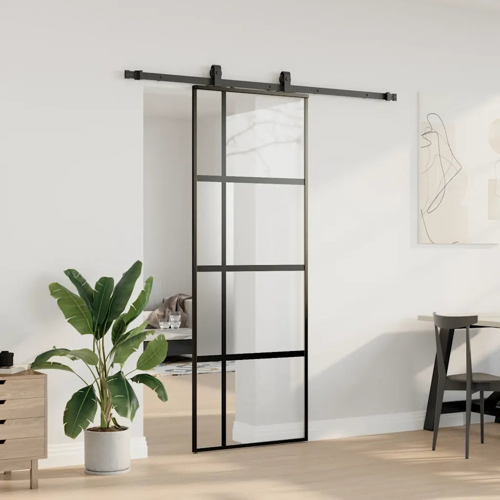 Porta Scorrevole Set Ferramenta Nera 76x205 cm Vetro Temperato 3375838