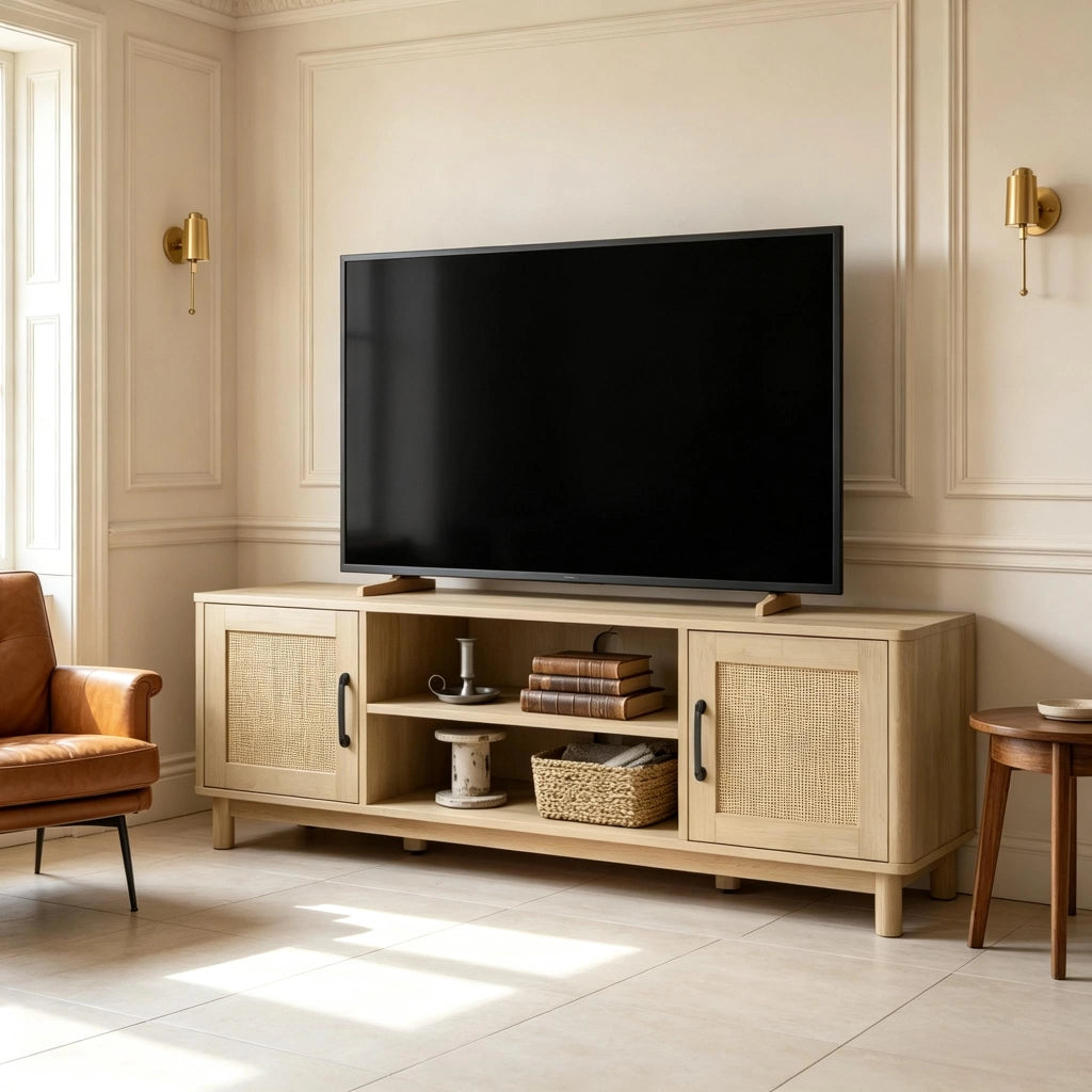 Mobile TV con vani aperti e armadietti; rattan e pannello truciolare color rovere per TV fino a 65 pollici 135 × 39 × 45 cm