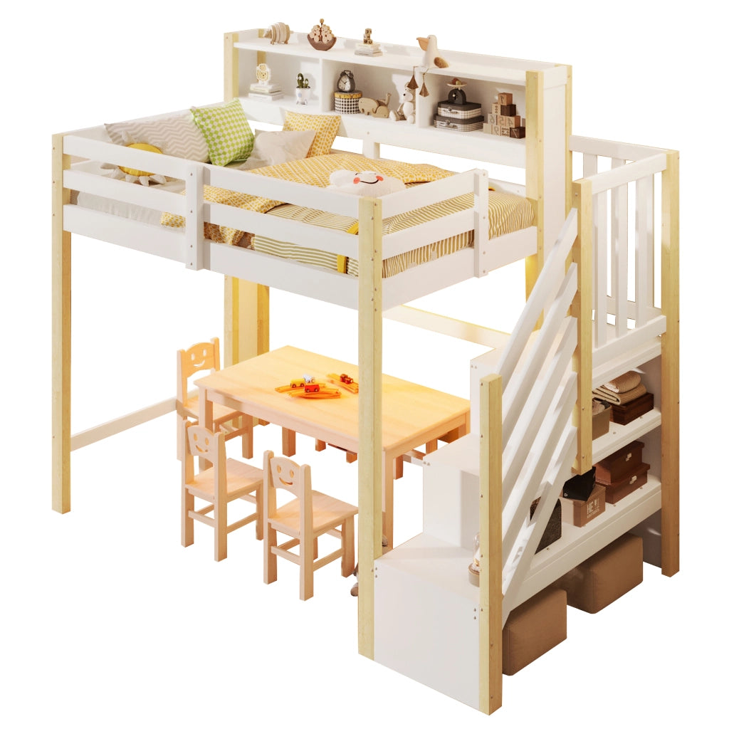 Letto a castello 90×200 cm; letto singolo con led; scala contenitore; senza materasso; in pino; bianco naturale
