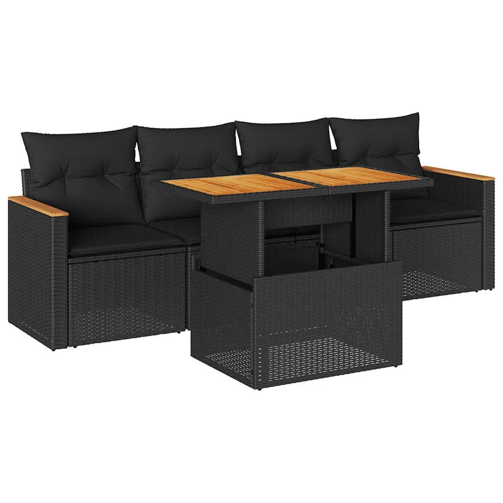 Set Divani da Giardino 5 pz con Cuscini Nero Polyrattan Acacia 3327429