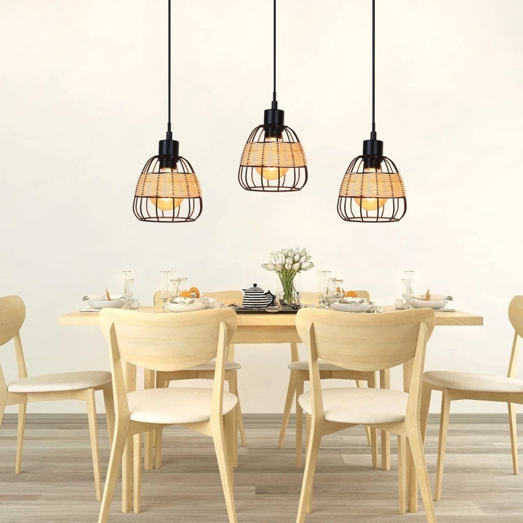Lampada a Sospensione ZMH 3 luci nera E27 vintage retr¨° paralume rattan metallo industriale per sala da pranzo