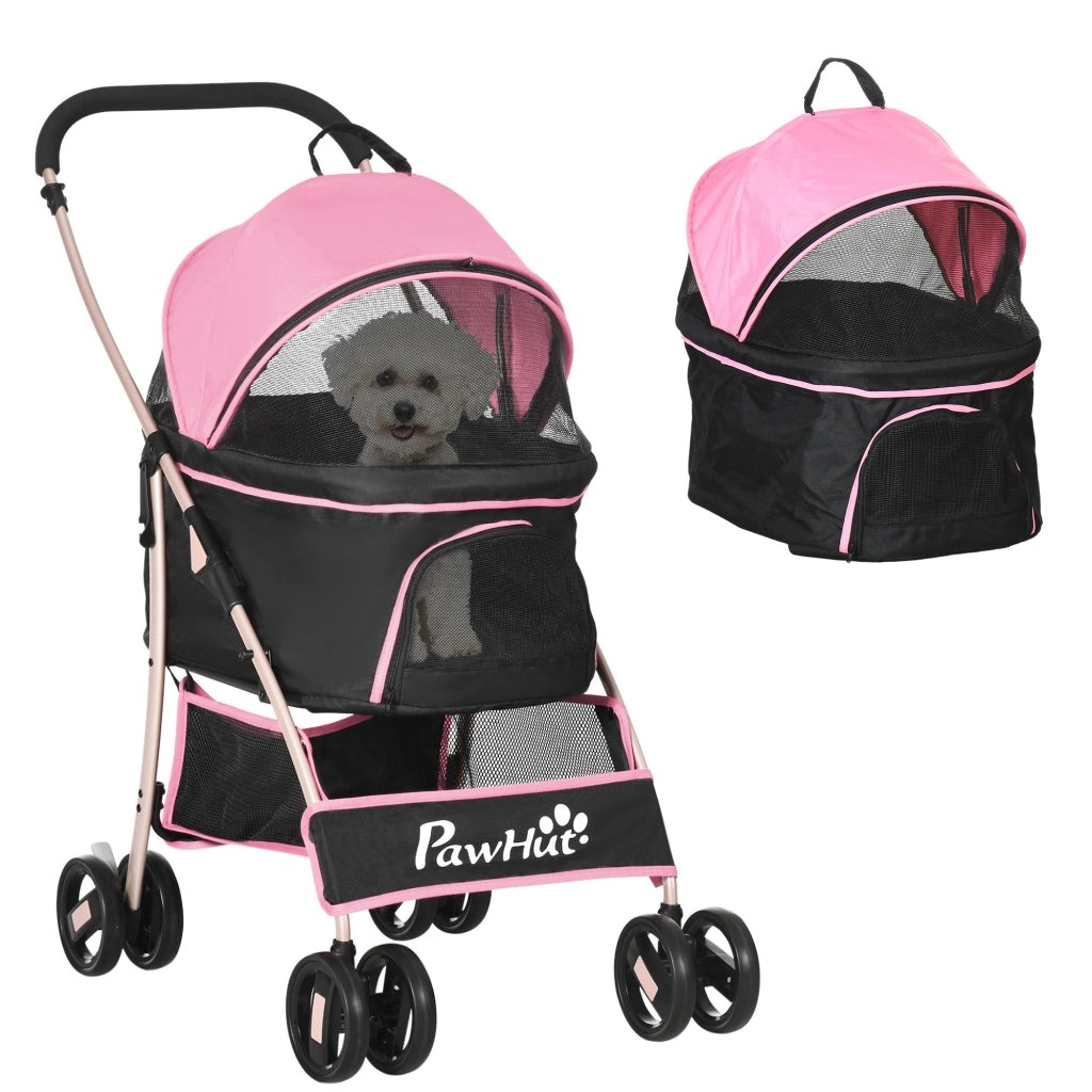 Passeggino per Cani 2 in 1 Pieghevole e Convertibile in Trasportino con 2 Guinzagli e Cuscino, Rosa