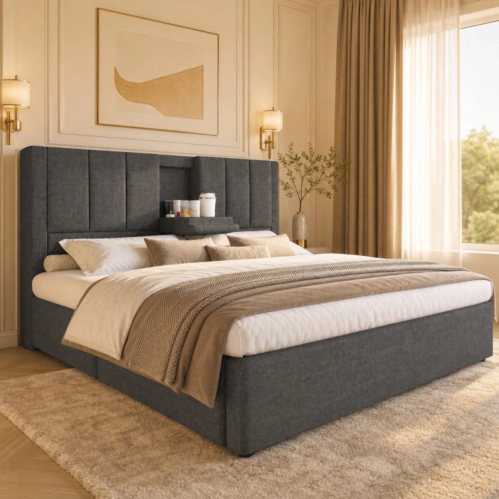 LETTO Contenitore 180x200 cm in lino grigio con USB e portabicchieri