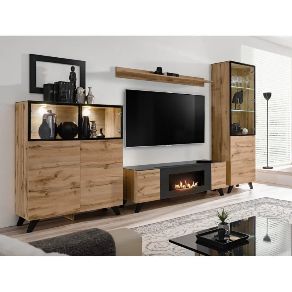 Set da salotto TINO con camino bio-etanolo - Rovere scuro e nero - L340 cm