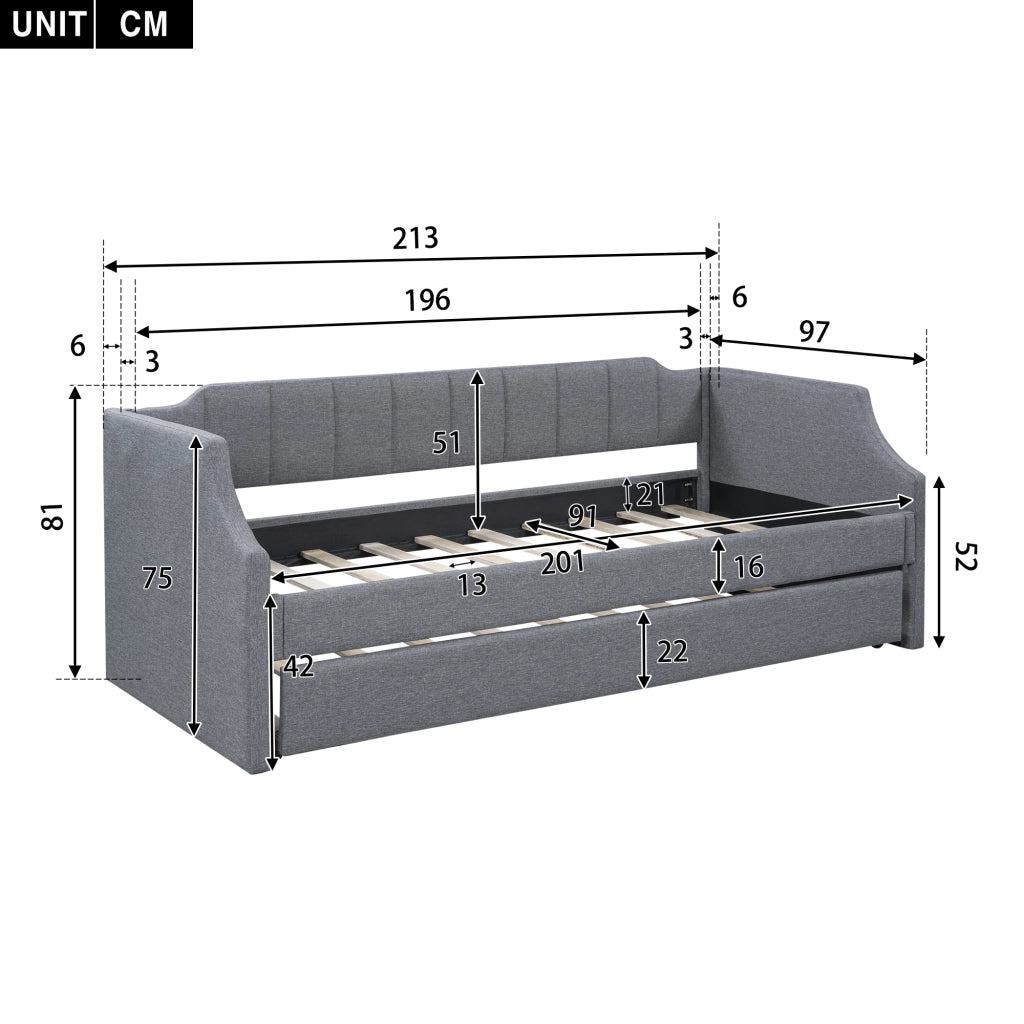 Letto daybed imbottito con letto estraibile 90 x 200 cm, grigio