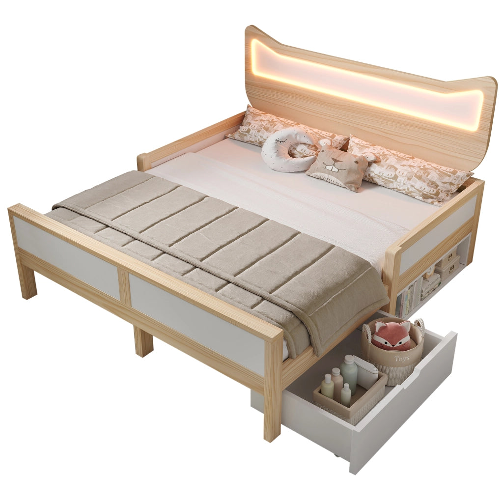 Letto per bambini con orecchie da gatto - Zephmum- 140¡Á200 cm - LED RGB - Bianco e quercia