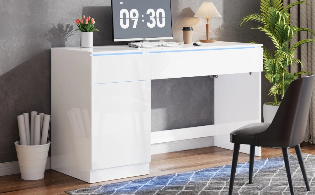 Scrivania lucida con LED, 2 cassetti e 1 vano, per studio e camera da letto, 120 × 50 × 78 cm