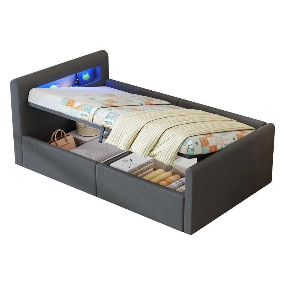 Letto Singolo Imbottito con LED, USB e Contenitore Idraulico ¨C MINIMAL ¨C Velluto Grigio Scuro 90x200