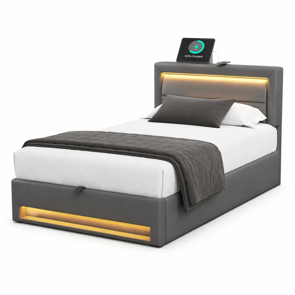 Letto imbottito con USB, LED e contenitore, 90 x 190 cm, grigio