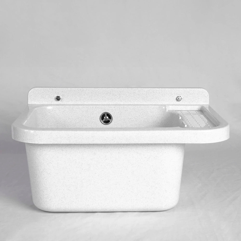 Lavatoio in resina 60x34 bianco con miscelatore a canna alta inox e scarico incluso