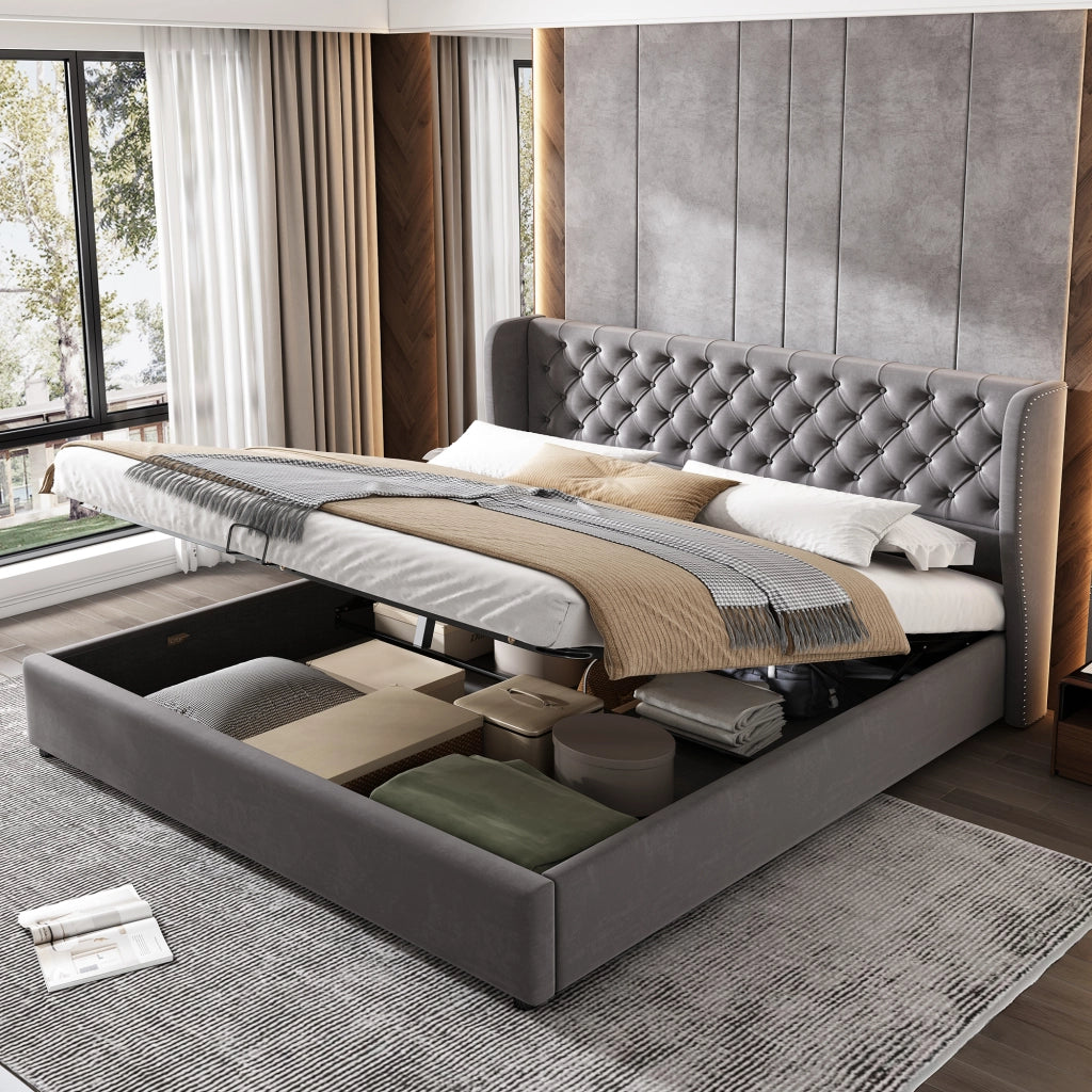 LETTO Contenitore 180x200 cm Velluto Grigio