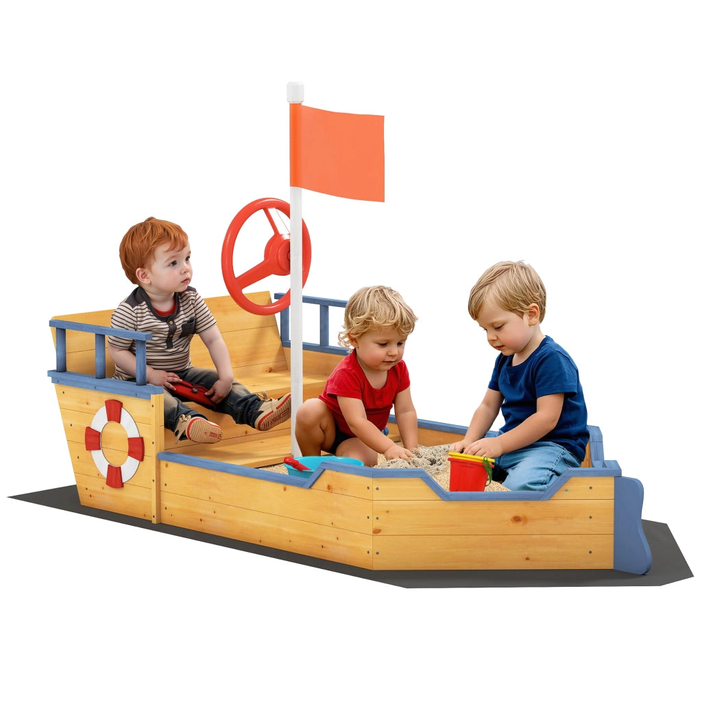 Arenero per Bambini in Legno con Bandiera e Timone ¨C zephmum ¨C Naturale 158x78x45,5 cm