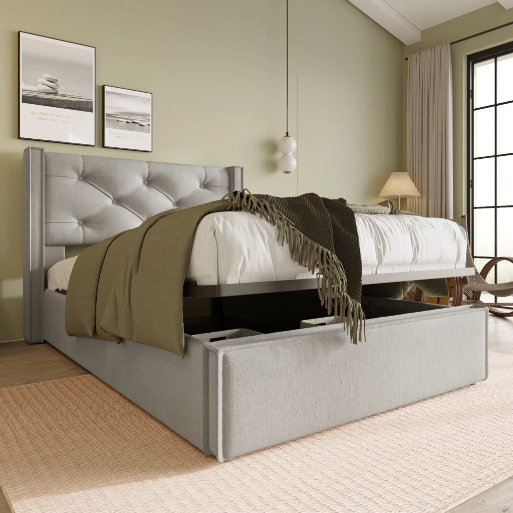 LETTO Imbottito 90x200 cm Grigio Chiaro in Cotone con contenitore