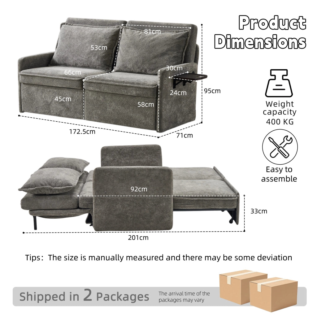 Divano letto con cuscini e USB ¨C Minimal ¨C 3 in 1, schienale regolabile, contenitore, chenille, grigio