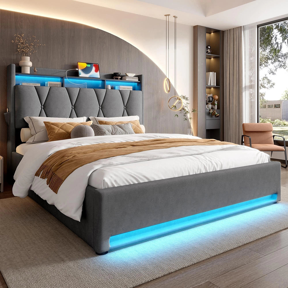 Letto 140x200cm imbottito - Xylo - grigio USB-C idraulico LED