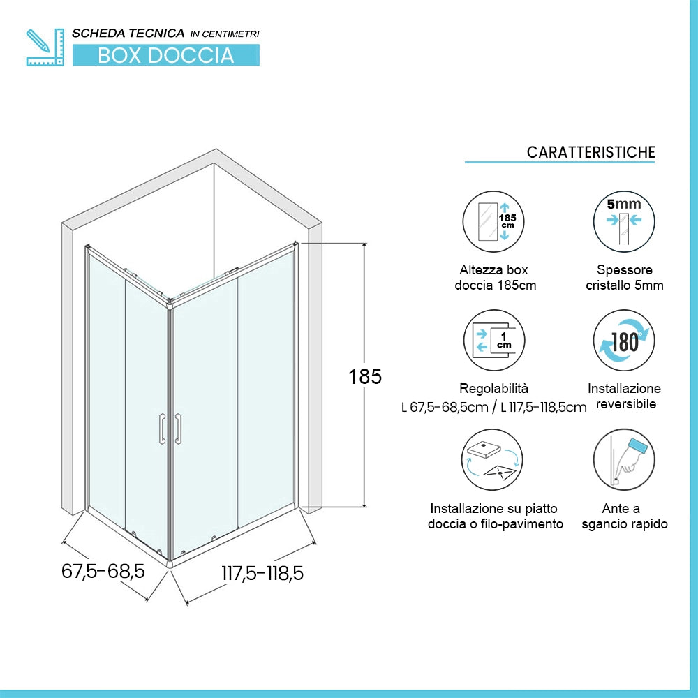 Box doccia angolare 70x120 con doppia porta scorrevole cristallo trasparente e profili cromati Geo