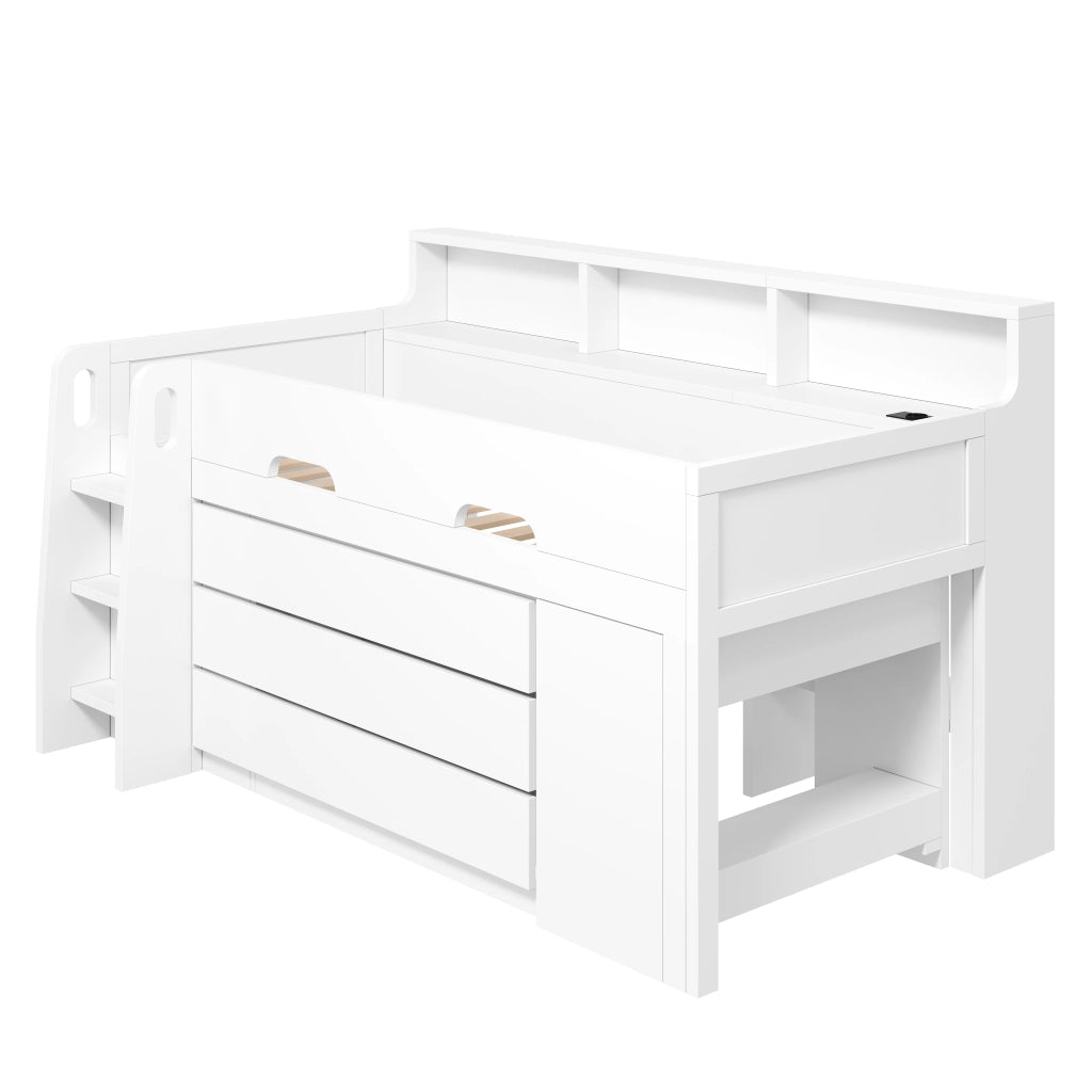 Letto semi-alto 90x200 cm scrivania con luci LED e porta USB cassetti in MDF bianco e compensato