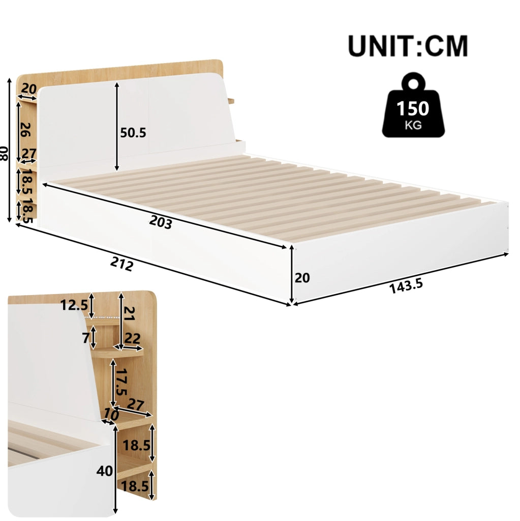Letto contenitore idraulico 140x200 cm con USB, LED e comodino integrato