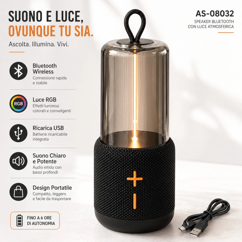 CASSA BLUETOOTH PORTATILE SPEAKER WIRELESS LUCE RGB RICARICABILE USB AS-08032