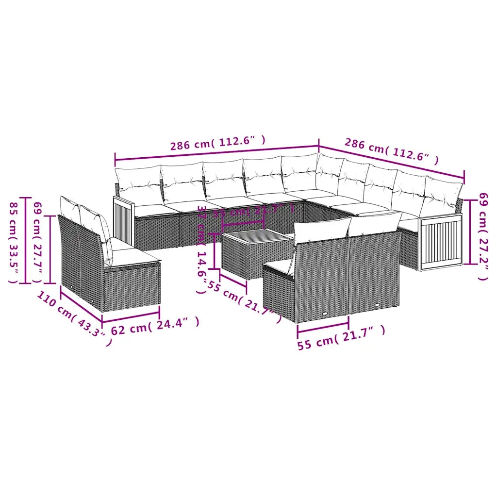 Set Divani da Giardino 14 pz con Cuscini Grigio in Polyrattan 3228175